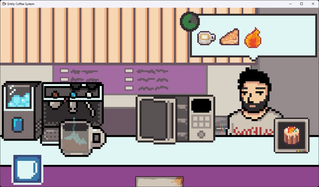 A customer at the counter. His order bubble shows a coffee, a pastry, and a flame. A mug is filling under the espresso machine.